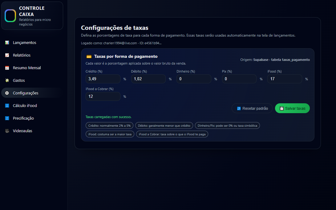 Aba Configurações - versão desktop