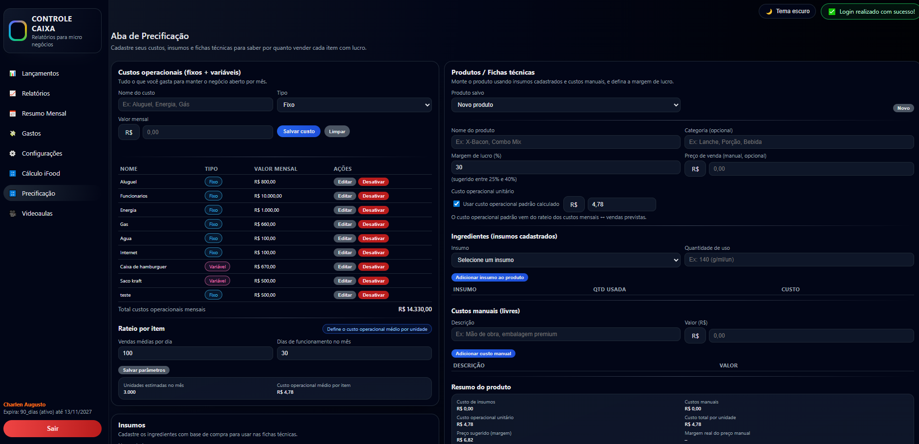Aba Precificação - versão desktop